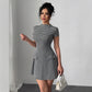 Elegant Houndstooth Dress With Fake Pockets