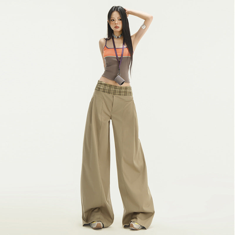 Stitching Waist Head Plaid Casual Pants Loose Wide-leg Pants