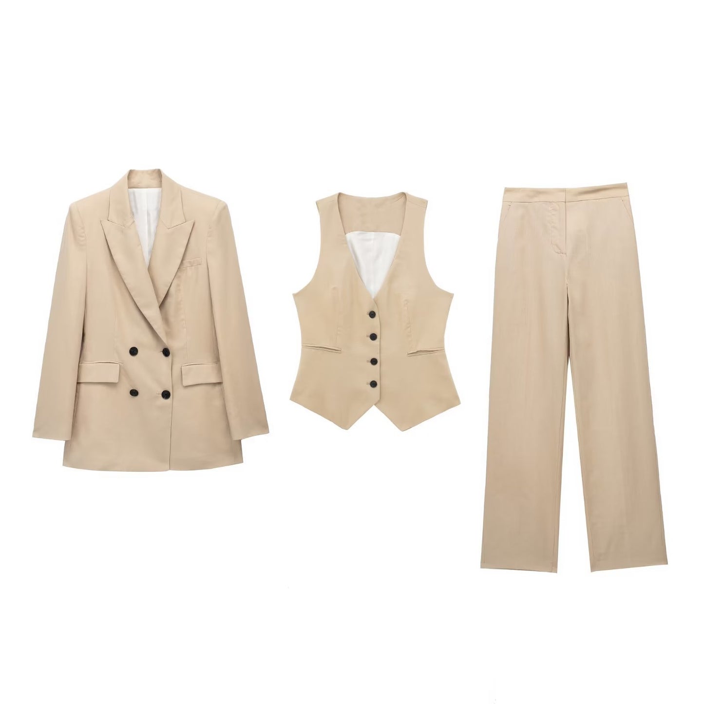 Linen Double Breasted Suit Coat Vest Straight-leg Pants Suit