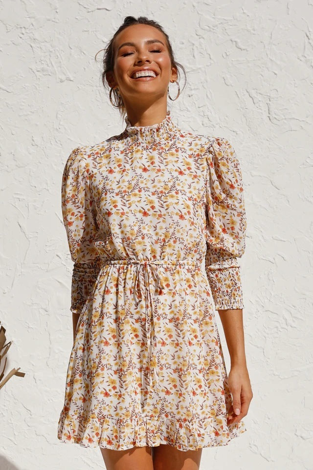 Small floral elastic waist big swing dress