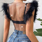 Women's Fashionable Slim-fit Diamond Super Shiny Ostrich Fur Rhinestone Fishnet Top