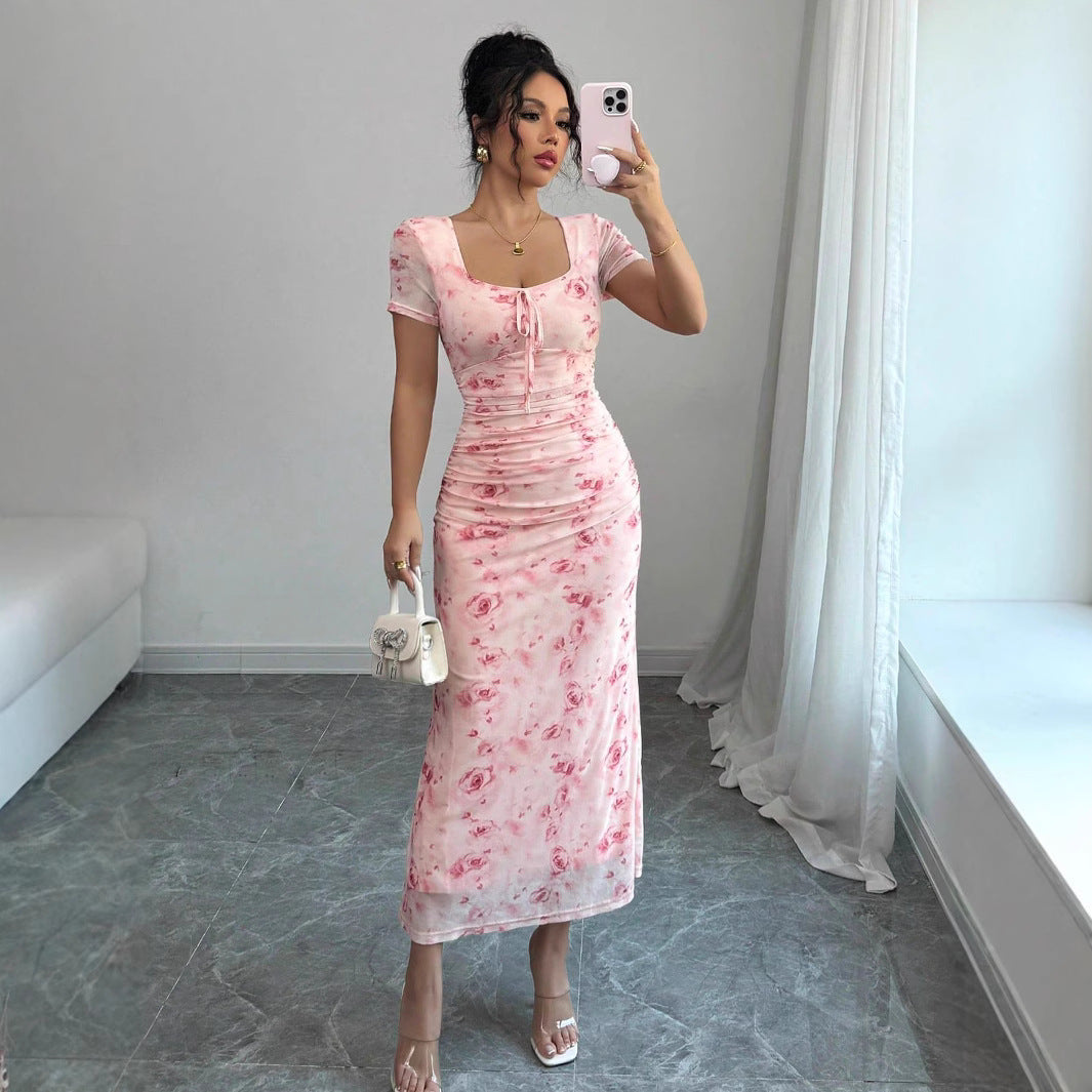 Strap-printed Long Figure-hugging Hip-hugging Dress