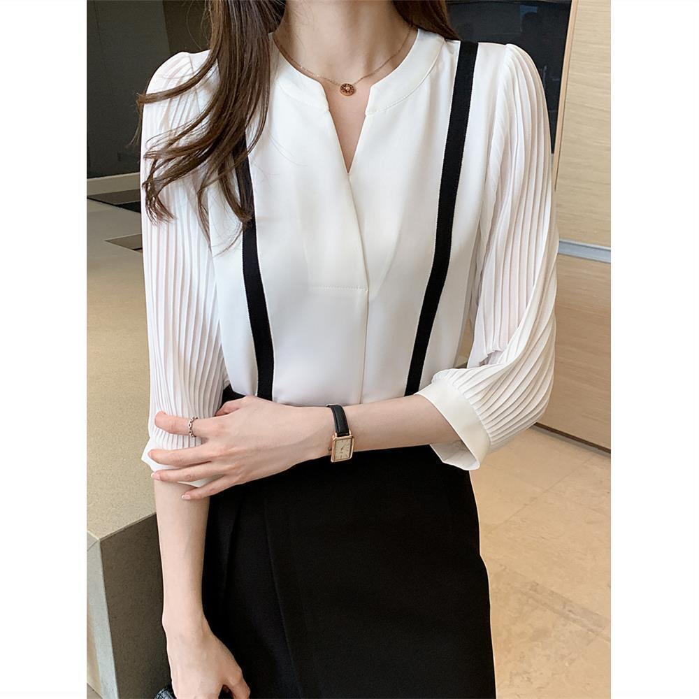 V-neck White Shirt Women's Three-quarter Sleeve Chiffon Top