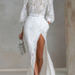 Elegant Round-neck Lace Long-sleeved Top And Slit Lace Skirt Set