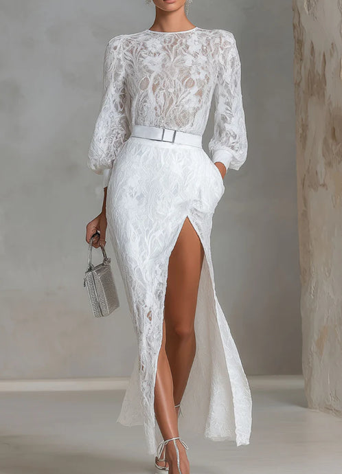 Elegant Round-neck Lace Long-sleeved Top And Slit Lace Skirt Set
