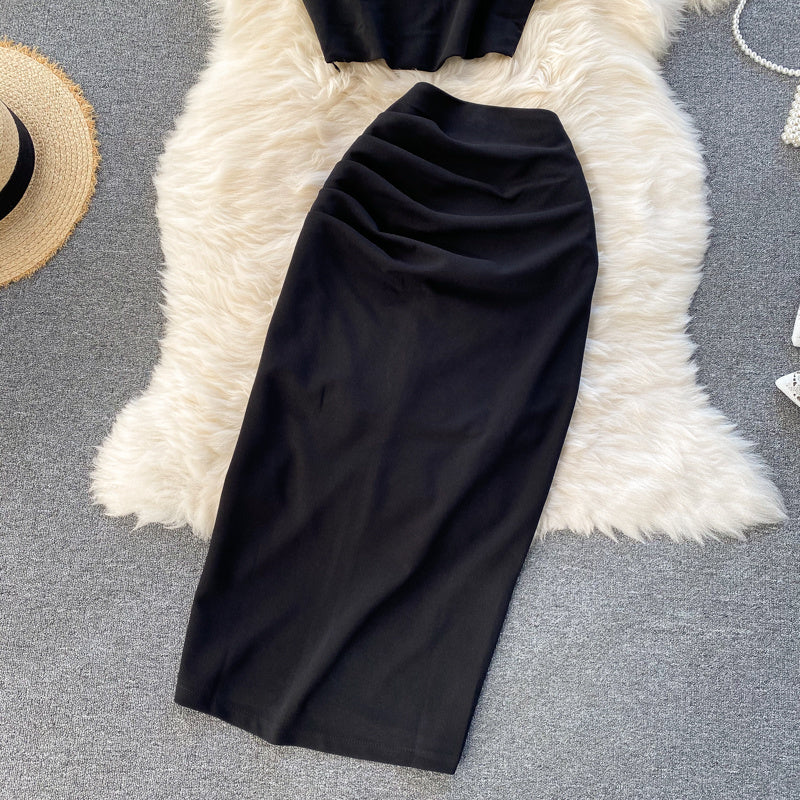 Solid Color Round Neck Vest Short Top High Waist Hip-wrapped Mid-length Dress
