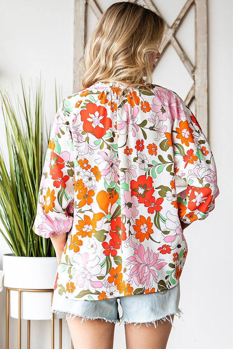 Women's Ruffled Collar Colorful Flowers Ruffled Shirt Top