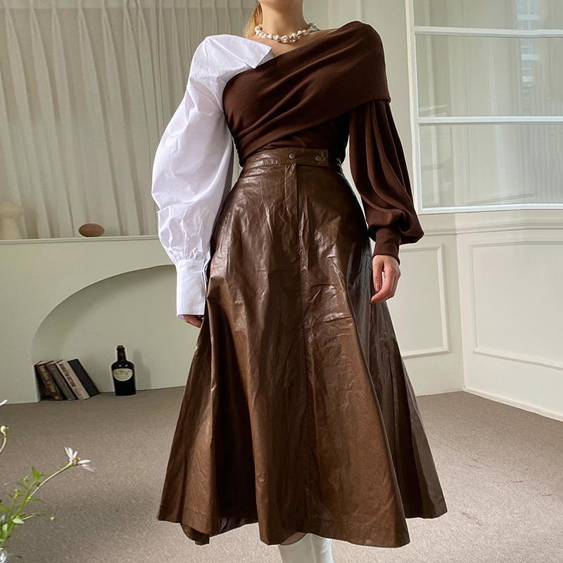 Women's V-neck Strapless Collision Color Bubble Sleeve Top Half Skirt