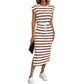 Womens Black And White Striped Split-Neck Casual Dress