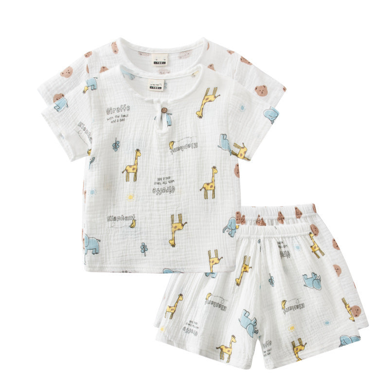 Cotton And Linen Short Sleeve Shorts Suit Round Neck Cartoon Printing