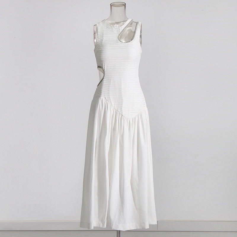 Robe mi-longue plissée à taille évidée pour femme, couleur unie
