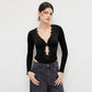 Autumn And Winter Black V-neck Lace-trimmed Twist Long-sleeved Hollow-out Design Slim-fit Bodysuit