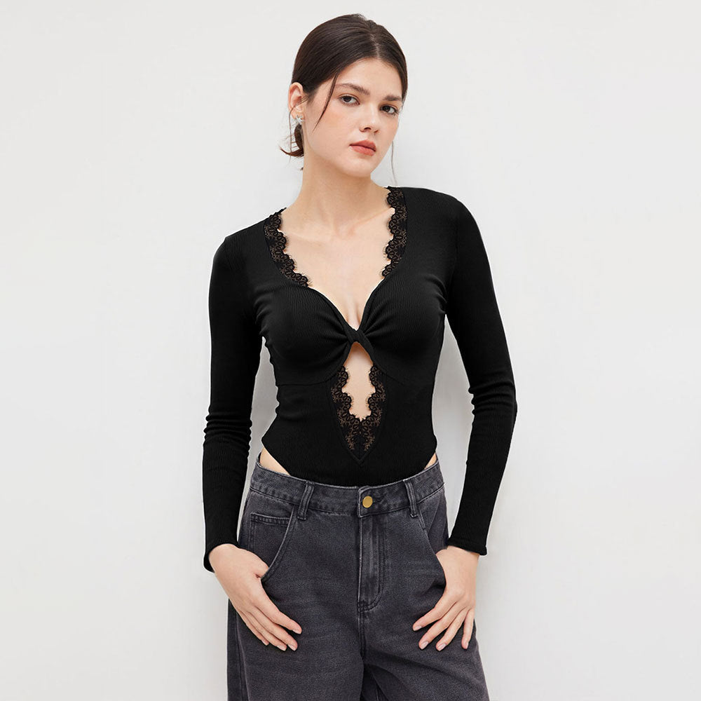 Autumn And Winter Black V-neck Lace-trimmed Twist Long-sleeved Hollow-out Design Slim-fit Bodysuit
