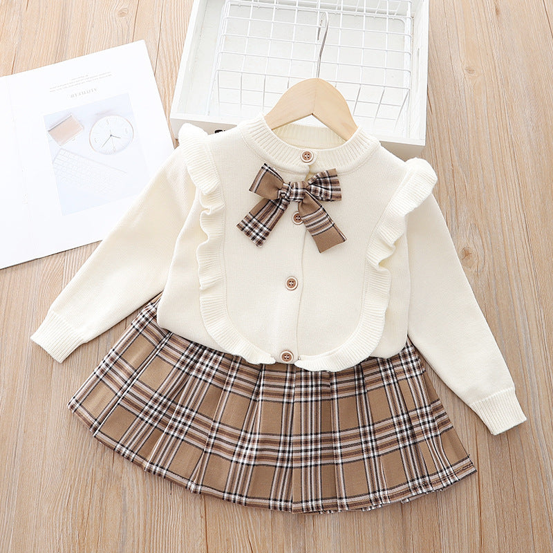 Ensemble deux pièces jupe plissée à carreaux tricotée pour enfants, vêtements de printemps