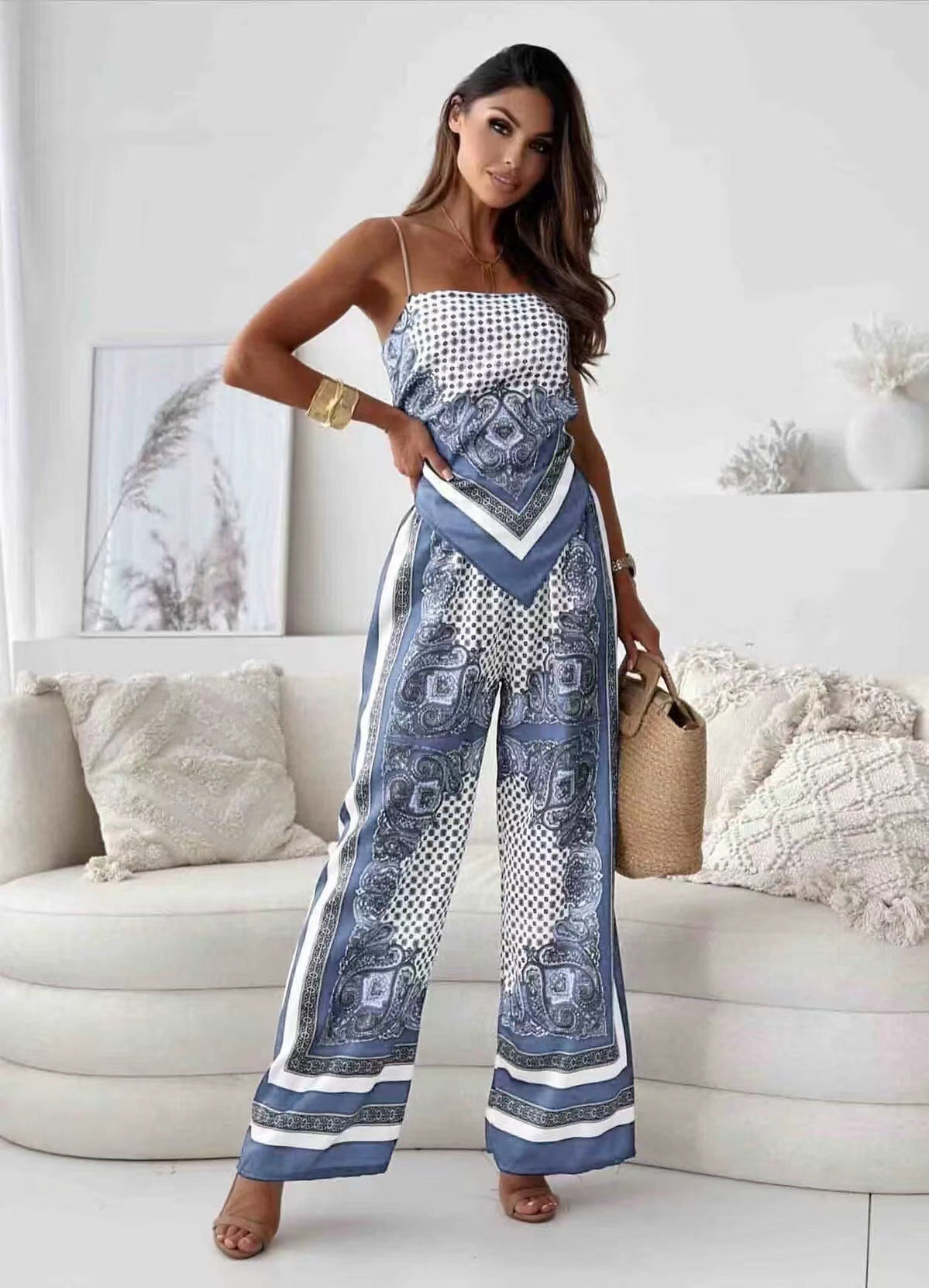 Printing Spaghetti Straps Chest Wrap Positioning Colorful Pants Suit Two-piece Set