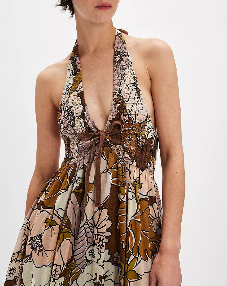 V-neck Resort-style Backless Sleeveless Printed Dress