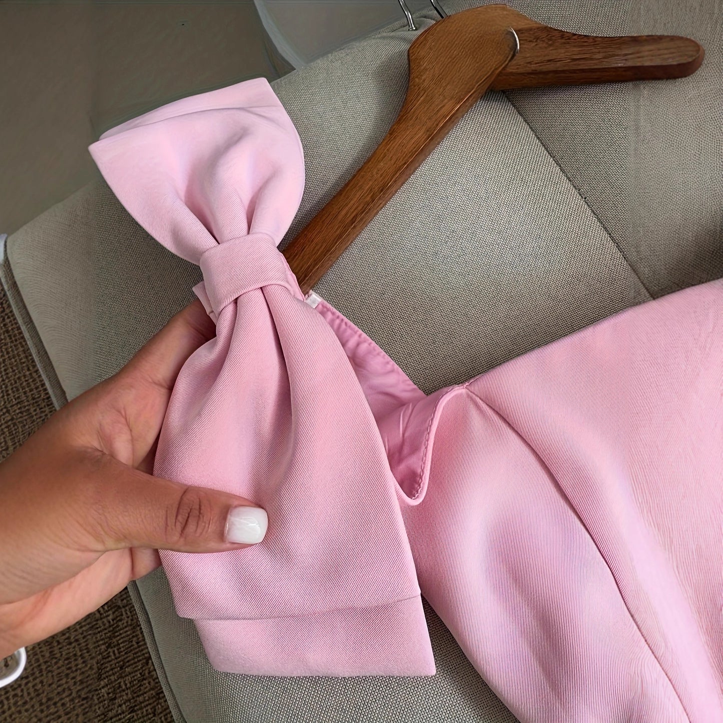 SpringSummer Solid-Color Sweet-Style Slim Fit Dress With Bow Accent