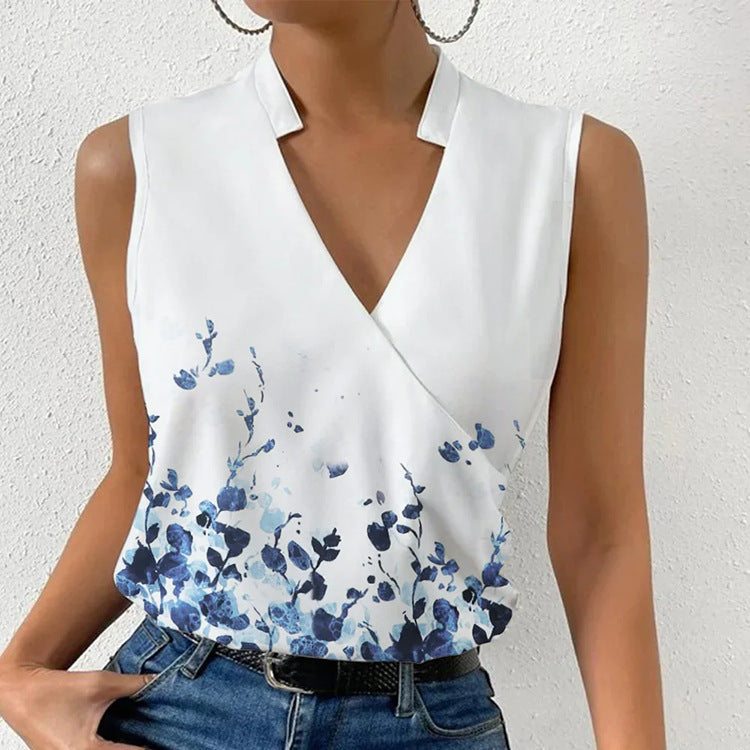 T-shirt d'été sans manches à col en V et imprimé décontracté pour femme