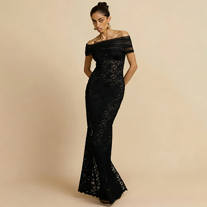 Women's Off-shoulder See-through Lace Split Slim-fit Sheath Dress
