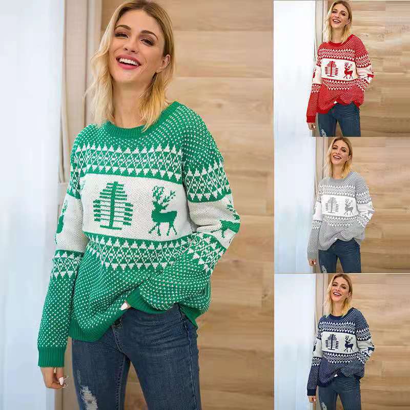 Pull de Noël en tricot à imprimé géométrique et élan mignon pour femme