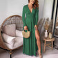 Robe de soirée plissée à manches longues et col en V profond, taille haute, fendue, style club