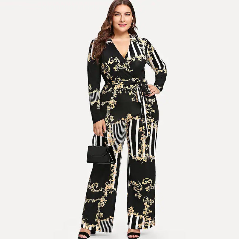 Women's printed trousers lace up jumpsuit