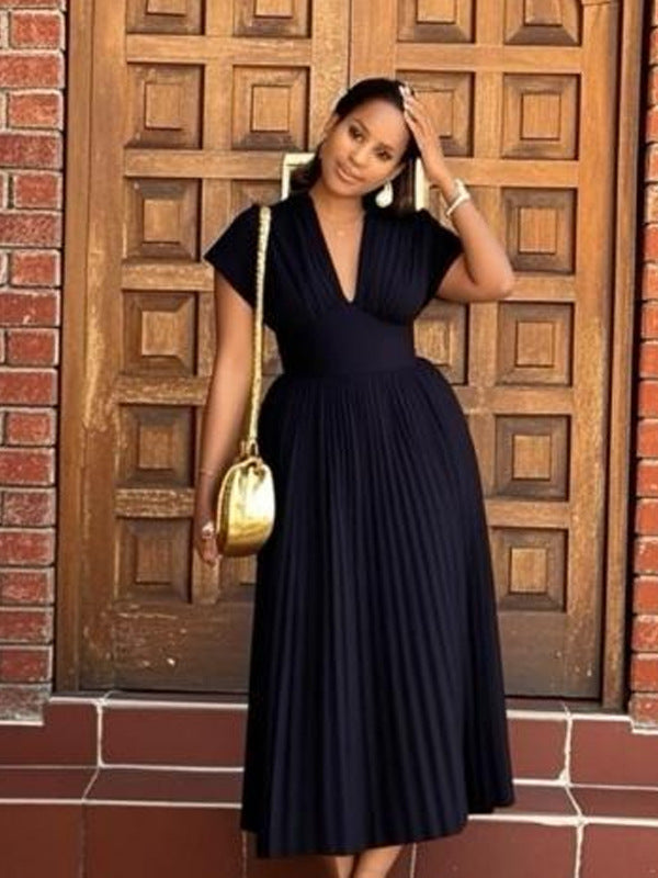 V-neck Bat Sleeve Slim-fit Pleated A- Line Dress