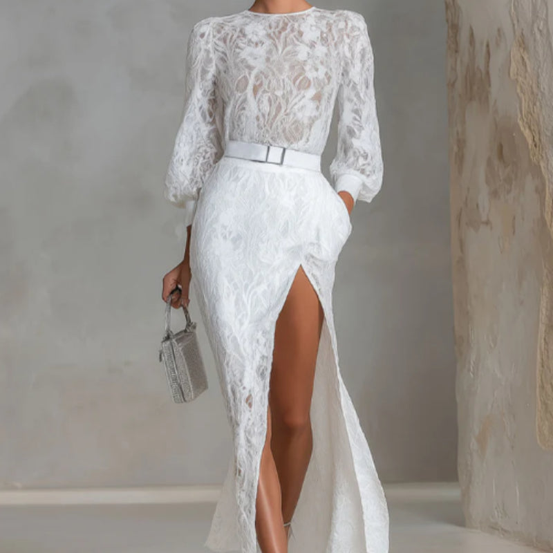 Elegant Round-neck Lace Long-sleeved Top And Slit Lace Skirt Set