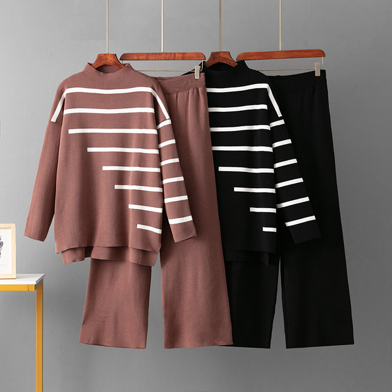 Striped Temperament Knitted Two-piece Turtleneck Sweater Loose Casual