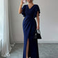 Lotus-Leaf Sleeve V-Neck Waist-Cinching Slim-Fit Long Dress