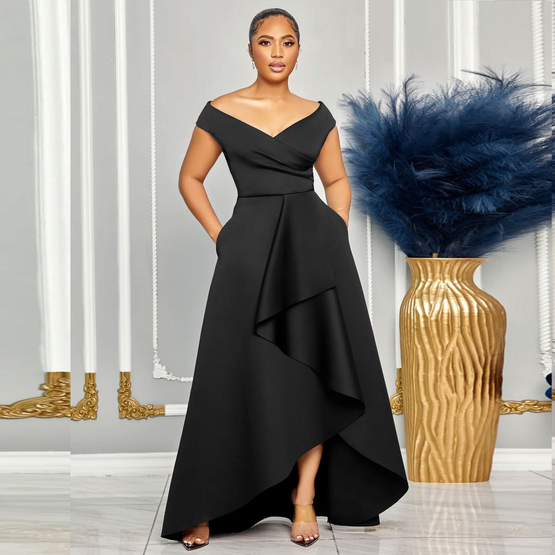 Slim-fit Solid Color Off-shoulder Sleeveless Large Swing Dress