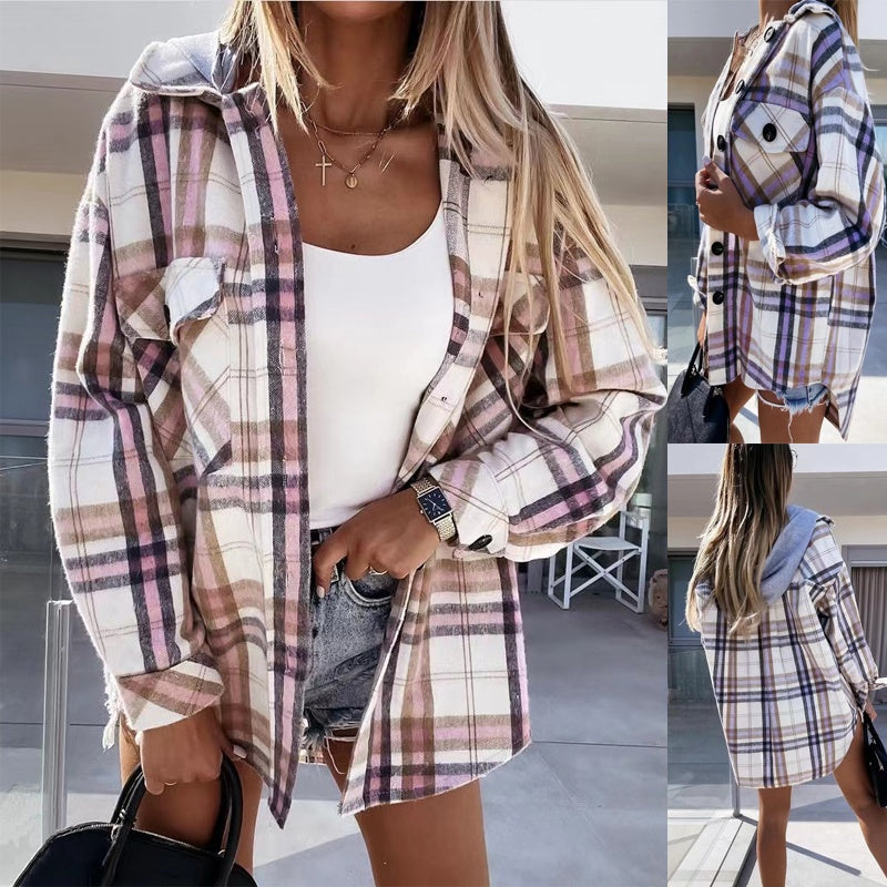 Women's Fashion Hooded Woolen Plaid Coat