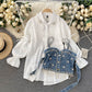 Ensemble deux pièces chemise à manches bouffantes et haut à pompons et perles