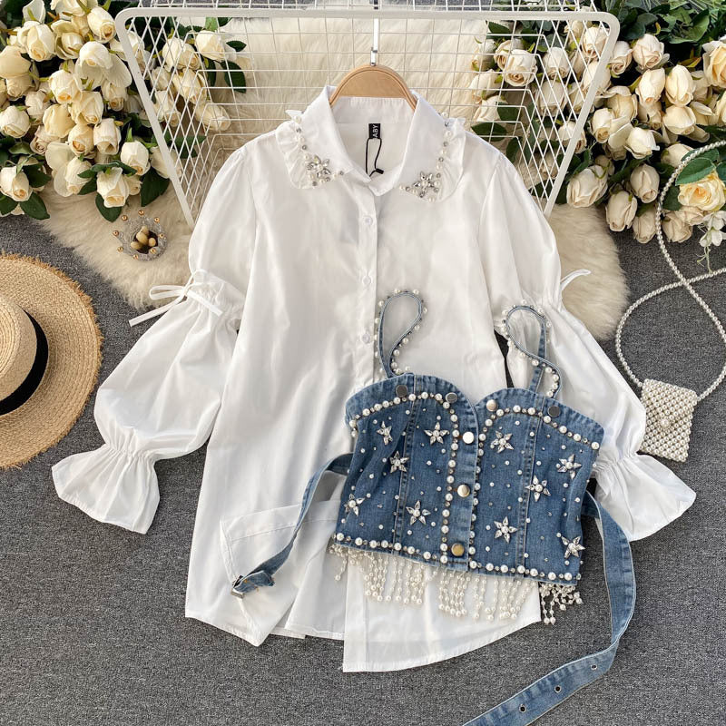 Ensemble deux pièces chemise à manches bouffantes et haut à pompons et perles