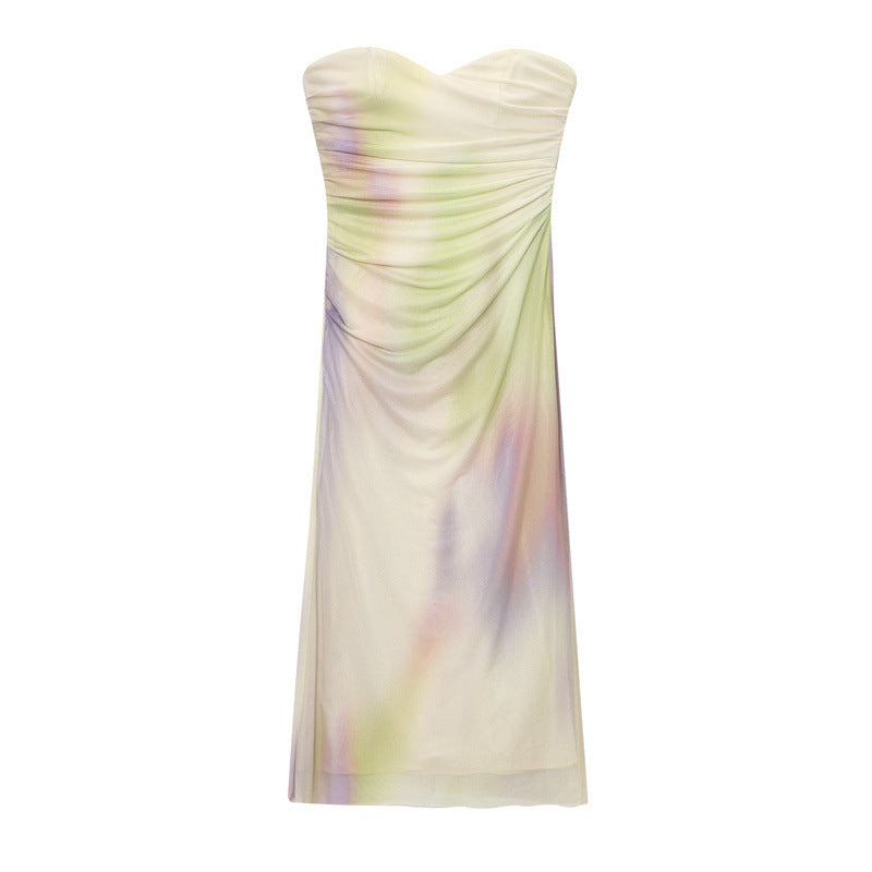 New Summer Ethnic Print Floral Silk Net Tube Top Dress