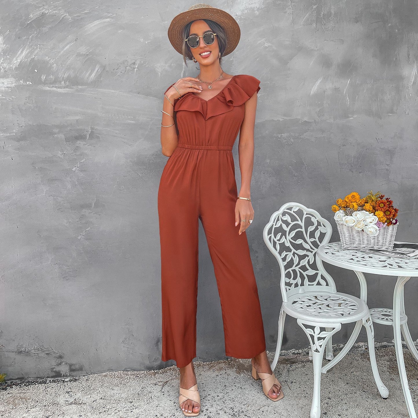 Women's Solid Color Back Straight Jumpsuit