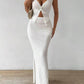 Women's Solid Color Twist Front Hanging On Neck Crop Top And Fishtail Midi Skirt