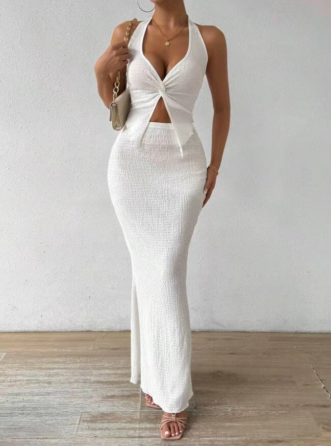 Women's Solid Color Twist Front Hanging On Neck Crop Top And Fishtail Midi Skirt