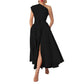 Womens Sleeveless Slash-Neck Solid Color Waist-Cinching Dress