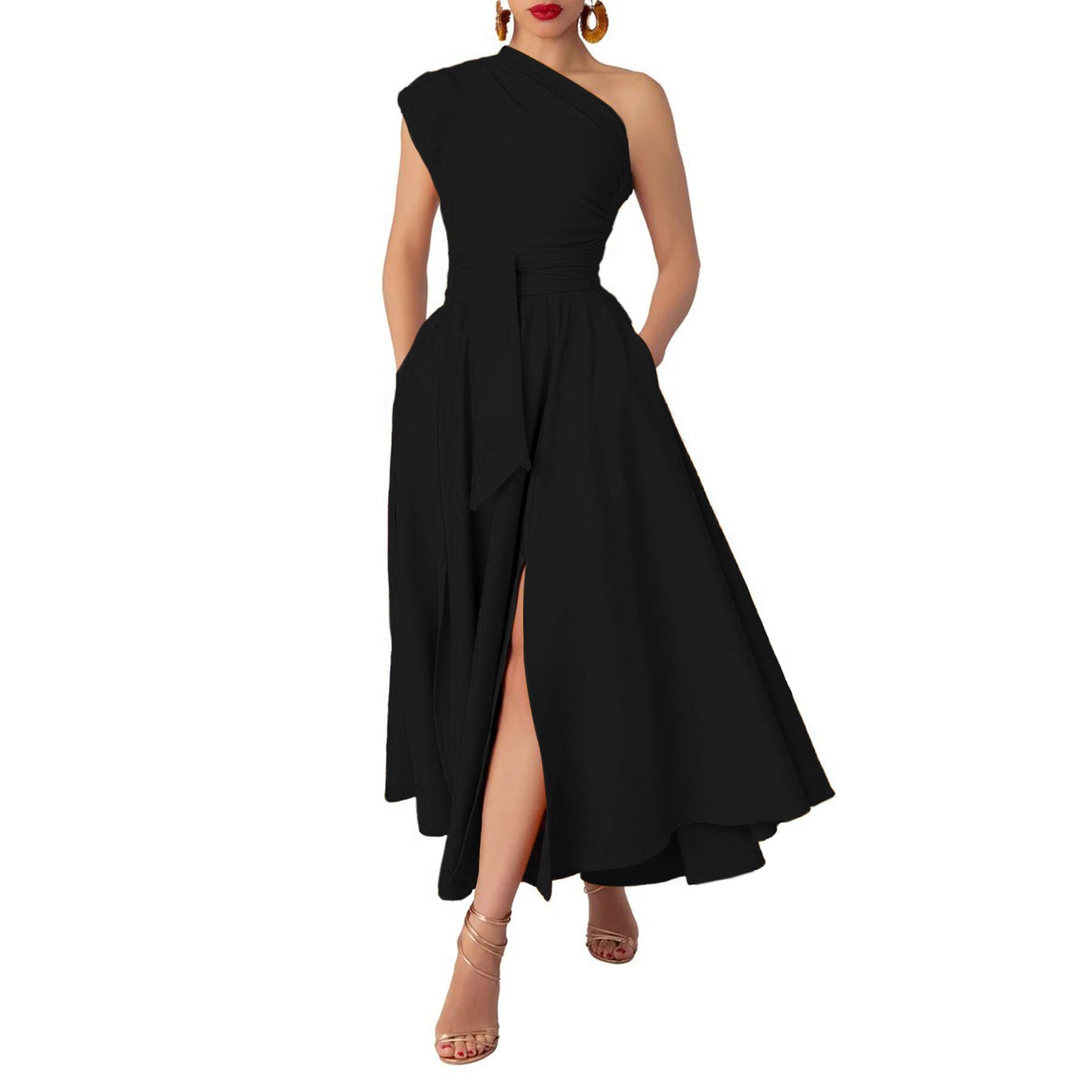 Womens Sleeveless Slash-Neck Solid Color Waist-Cinching Dress