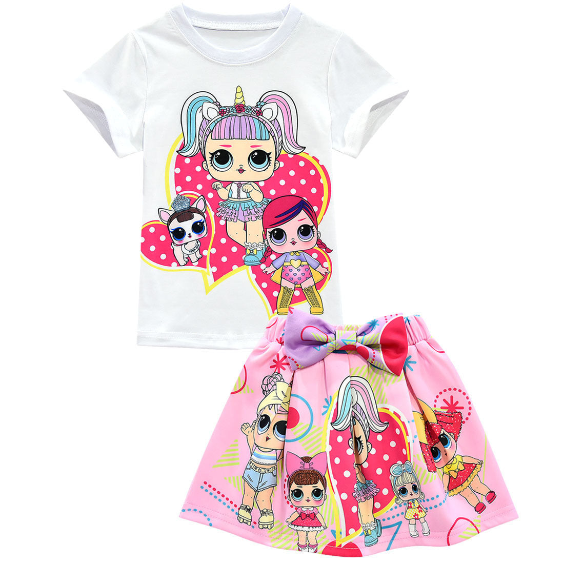 Girls' Cartoon Short Sleeves And Skirt Suit