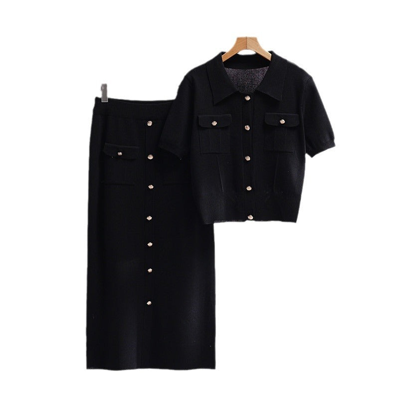 Women's New Polo Collar Sweater With Short Sleeves Skirt Knitted Two-piece
