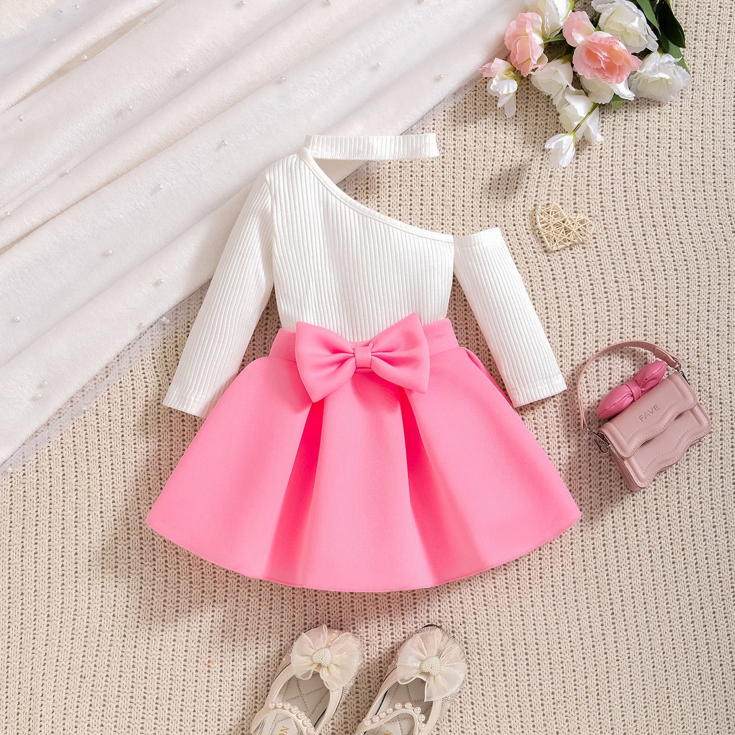 Bow Ruffled Dress Two-piece Set