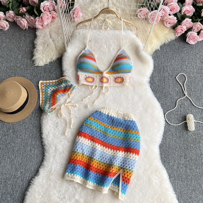 Seaside Vacation Beach Suit Hot Girl Halter Spaghetti Straps Vest Multicolor Cutout Knitted Skirt