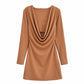 New Summer Design Tight Waist Pleated Draped Collar Long Sleeve Short Dress