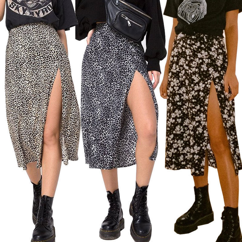 Jupe longue fendue extensible taille haute à imprimé léopard floral
