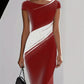 Elegant Black-and-white Contrast Long-sleeve Slim-fit Midi Dress