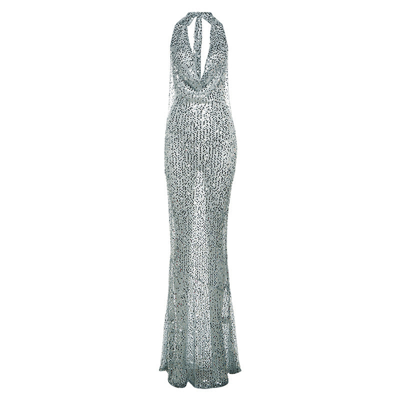 Robe queue de poisson dos nu à paillettes tendance pour femme