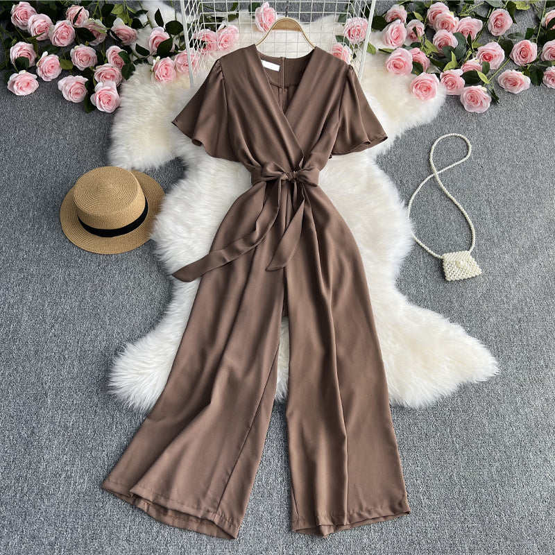Combinaison à manches courtes et col en V, style rétro et tendance