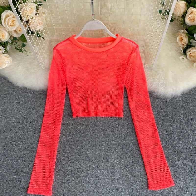 See-through Mesh Hollow Solid Color Pullover Long Sleeve